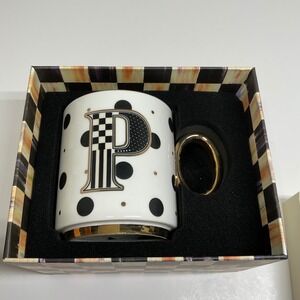 MacKenzie-Childs My Mug Letter P Initial Monogram Polka Dot Gold Handle 35509